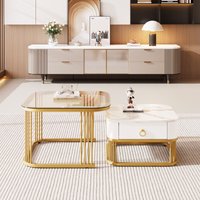 Ensemble de Tables Basses Gigognes en Marbre Poli et Verre avec Détails Dorés et Tiroirs, 60x60x42,5 cm + 50x50x34 cm, Blanc