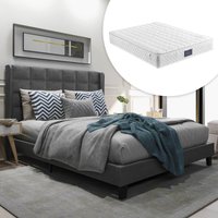 AB Store Doppelbett, Federkernmatratze mit gepolstertem Kopfteil und Lattenrost 140x200 cm Leinenoptik Grau modern tot 200 kg Aosom.de