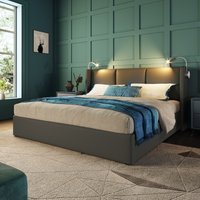 Lit Double avec Rangement, Lumières de Lecture LED et USB Intégré, Tête de Lit Rembourrée, Structure Robuste, 140x200 cm, Gris