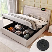 Lit Double avec Rangement et Fonction de Recharge USB Type C, Structure en Lin, Sans Matelas, 180x200 cm,Beige
