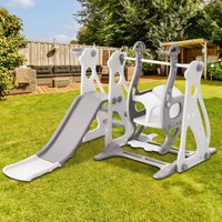 Toboggan 4-en-1 pour enfants avec balançoire, escalier et panier de basket, 113×100×94,5 cm, Blanc Antique+Gris