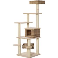 PawHut Arbre à Chat en Rotin avec Grotte pour Chats Arbre à Chat à Plusieurs Étages pour Chats E1 MDF Sisal Beige + Marron 55 x 55 x 174 cm