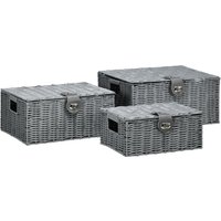 HOMCOM Lot de 3 paniers de rangement en rotin PE, avec fermeture, poignées de transport, 35,5 cm x 28,5 cm x 18 cm, Gris