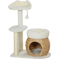 PawHut Arbre à Chat avec Maison, Balles de Jeu et Plateforme, Roseau/Sisal, jusqu'à 10 kg, 60 x 40 x 79 cm, Blanc crème