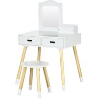ZONEKIZ KinderFriseuse Schminktisch mit Hocker Spiegel und 2 Schubladen 3 bis 6 Jahre 60 x 40 x 95 cm Weiß und Holz Aosom