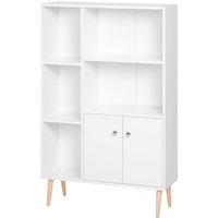 HOMCOM Skandinavisches Bücherregal mit Abmessungen 80L x 23,5B x 123H cm, 5 Nischen, Schrank, 2 Türen, schräge massive Holzfüße, Spanplatten in Weiß Aosom