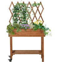 Outsunny Potager surélevé, treillis intégré, étagère de rangement, roues, bois massif, marron,