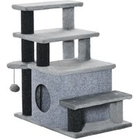 PawHut Arbre à gratter, escalier pour animaux, 4 marches, balle de jeu, maisonnette, ajustable en hauteur, noir+gris, 60 x 40 x 66 cm