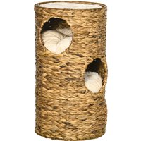 PawHut Grotte pour chats avec 3 niveaux, 3 entrées, design bohème, coussin inclus, 40 cm x 40 cm x 73 cm, Marron clair + Crème