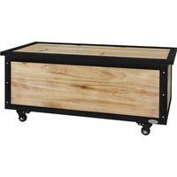 Outsunny Coffre de Rangement de Jardin, 121 Litres, 2 Roues, Résistant aux Intempéries, Charnières en Métal, Bois Naturel, 100x50x43 cm