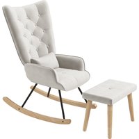 HOMCOM Fauteuil à bascule avec repose-pieds, rembourré, dossier haut, aspect velours, jusqu'à 150 kg, Blanc crème
