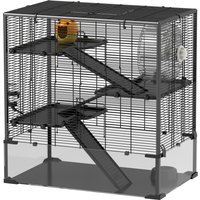 PawHut Cage pour hamster avec fond en verre, cage pour hamsters nains à quatre niveaux avec cabane et accessoires, 78,5L x 48,5l x 80H cm, Noir