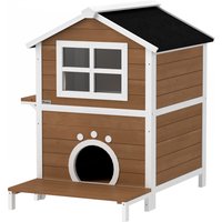 PawHut Maison pour chats extérieure avec toit résistant aux intempéries, fenêtre, balcon, fond amovible, 2 étages, pour 1-2 chats, Marron