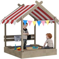 Outsunny House-Designed Wooden Sandbox, Outdoor Sandpit, with Blackboard, Toys, Sink, Seats, Flags, for Ages 3-7 Years - Grey | Aosom Ireland