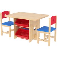 AIYAPLAY Kindertisch mit 2 Stühlen, 3-teiliges Set aus Holz, mit 4 Aufbewahrungsboxen, Sternenmuster, für Kinder von 3-7 Jahren, Naturholz Aosom