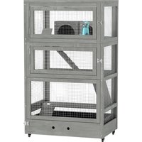 PawHut Cage pour hamster en bois à quatre niveaux, avec cabanes, bascule, bols d'alimentation, rampes, roulettes, 65 x 45 x 109 cm, Gris