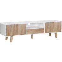 HOMCOM Meuble TV Bas sur Pied Style scandinave 2 Portes Niche tiroir MDF Blanc Aspect chêne Clair