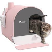 PawHut Hooded Cat Litter Box, Kitten Litter Tray, with Lid, Scoop, Filter, Flap Door, Pink Aosom UK