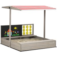 Outsunny Bac à sable carré en bois pour enfants avec bancs toit réglable tableau et jeux 114 x 113 x 110 cm gris Aosom France