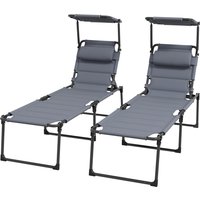 Outsunny Lot de 2 Bains de soleil transats pliables grand confort dossier pare-soleil réglables multi-positions, gris