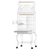 PawHut Cage à oiseaux sur roulettes avec étagère plateau amovible 2 bols perchoir acier inoxydable 51 x 51 x 153 cm blanc