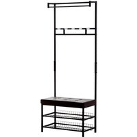 HOMCOM Porte-Manteau Vestiaire d'Entrée Banc Intégré 2 Étagères 5 Patères + Barre de Penderie Métal Noir Chocolat aosom france
