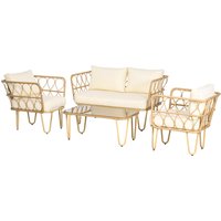 Outsunny Ensemble salon de jardin canapé 2 places + 2 fauteuils + 1 table basse plateau verre trempé 7 coussins kaki