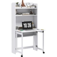 HOMCOM Bureau informatique avec étagères de rangement plateau rabattable 2 roulettes pour chambre salon 80 x 69 x 153 cm blanc