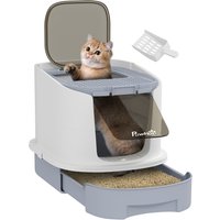 PawHut Cat Litter Box with Lid, Scoop, Deodorization Bags, Top Entry, Cat Toilet Easy Clean with Drawer Pan, Grey | Aosom Ireland