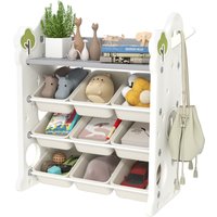 AIYAPLAY Scaffale Portagiochi a 4 Livelli con 9 Contenitori e Gancio Laterale, in HDPE, 77x42x94 cm, Bianco Crema