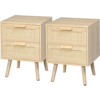 HOMCOM Lot de 2 tables de chevet tables d'appoint 2 tiroirs façades aspect cannage rotin style bohème 40 x 40 x 56 cm naturel