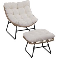 Outsunny Fauteuil chaise de jardin avec repose-pieds en métal époxy et résine tressée aspect rotin avec coussins moelleux - naturel