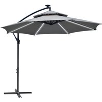 3m Cantilever Banana Parasol Hanging Umbrella Double Roof LED lights Crank 8 Ribs Cross Base Garden Patio Light Grey