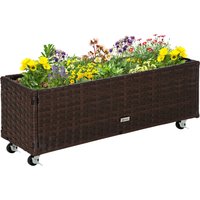 Outsunny Jardinière sur roulettes résine tressée PE, métal époxy aspect rotin chocolat 94,5L x 31l x 36H cm