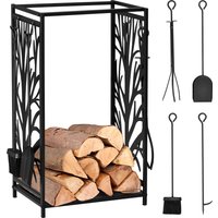 HOMCOM Heavy Duty Firewood Wood Log Rack Fireplace Wood Stacker Storage w/ 4 Tools, Black