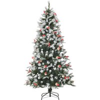 HOMCOM 6FT Artificial Snow Dipped Christmas Tree Xmas Pencil Tree Holiday Home Party Decoration with Foldable Feet Red Berries White Pinecones, Green