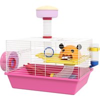 PawHut Cage à hamster rat rongeur multicolore avec plateforme, biberon eau, roue, maisonnette, 34 x 27 x 25 cm, rose