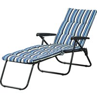 Outsunny Bain de soleil pliable transat inclinable 6 positions grand confort avec matelas + accoudoirs acier polyester gris rayé bleu et blanc