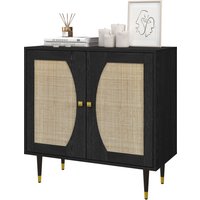 HOMCOM Buffet haut meuble de rangement design bohème double portes avec 2 niveaux, façade en rotin 80 x 38 x 79 cm noir