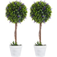 HOMCOM Set 2 Piante Artificiali Verdi a Sfera con Fiori di Lavanda e Vaso con Muschio e Cemento, Ø24x60 cm