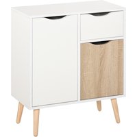 HOMCOM Meuble de rangement design scandinave 2 placards tiroir coulissant pieds bois massif pin panneaux particules blanc chêne clair