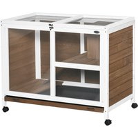 PawHut Cage à lapin clapier sur roulettes petit enclos aninaux en bois massif 2 étages toit ouvrant 91,5 x 53,3 x 73 cm marron