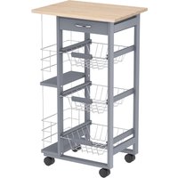 HOMCOM Chariot desserte de cuisine à roulettes multi-rangements 3 paniers métal tiroir + 2 range-bouteilles bois pin gris Aosom France