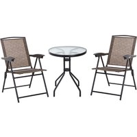 Outsunny Ensemble de jardin 3 pièces 2 chaises inclinables multi-positions pliables + table ronde verre trempé métal époxy textilène chocolat