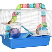 PawHut Large Hamster Cage, 3-Level Small Rodents House, w/ Tube Tunnel, Exercise Wheel, Food Dish, Ramps, Hut, 59 x 36 x 47 cm, Blue Aosom UK