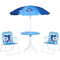 Outsunny Set Tavolo e Sedie per Bambini da Giardino, Ombrellone Regolabile, Design Squalo, 4 Pezzi, Blu, Perfetto per Esterni, Età 3-6 Anni