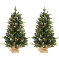 2 Pieces 3ft Small Christmas Tree Lights 291 Tips Concrete Base Tabletop Xmas Tree w Pine Cones Berries Green Aosom UK