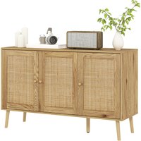 HOMCOM Buffet salon meuble de rangement avec placards à portes en rotin et étagère réglable, bois naturel