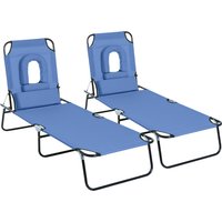 Outsunny Lot de 2 Bains de Soleil Pliable transat inclinable 4 Positions Chaise Longue de Lecture 3 Coussins fournis Bleu