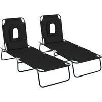 Outsunny Lot de 2 Bains de Soleil Pliable transat inclinable 4 Positions Chaise Longue de Lecture 3 Coussins fournis Noir